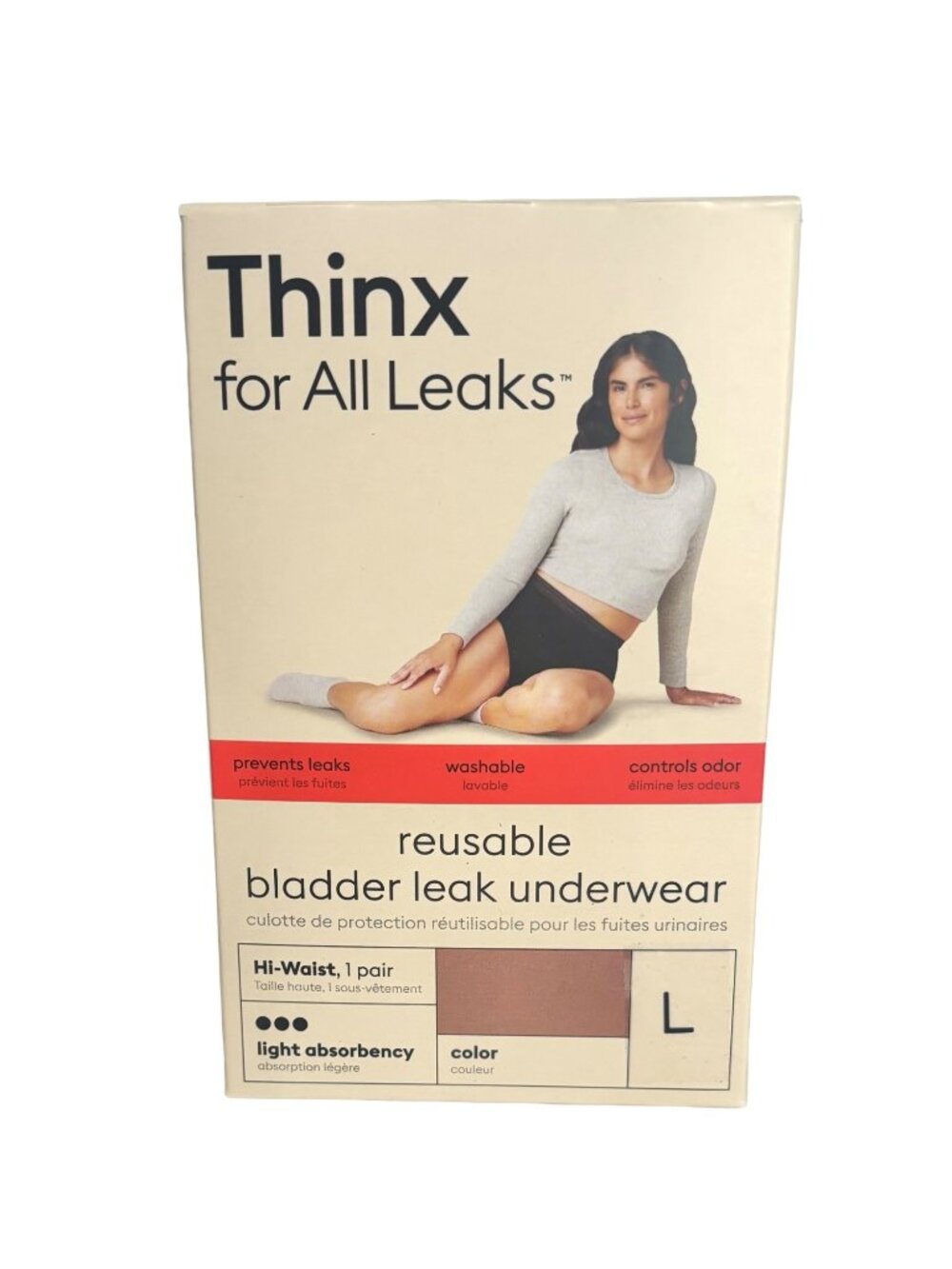 Thinx for All Leaks L Reusable Incontinence Underwear Hi Waist Brief Beige New